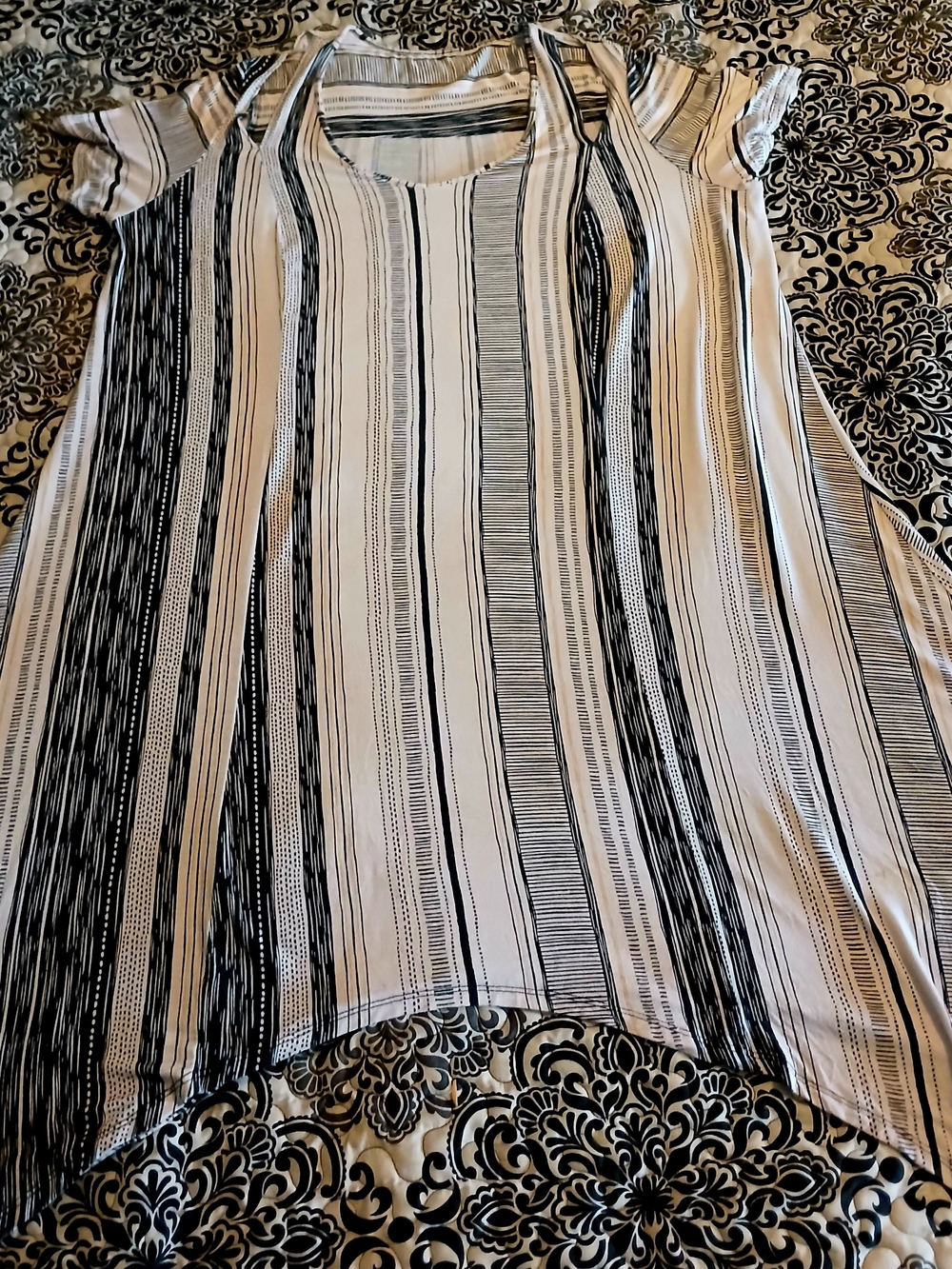 Black and White  Tan Striped Short Sleeve Dress